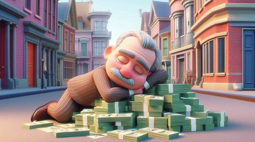 Rich person sleeping on money 3d animator